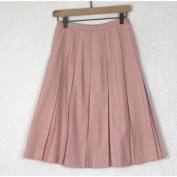 VTG BOBBIE BROOKS Pleated Wool‎ Midi Skirt Sz XS (25") Light Pink Academia Zip - Picture 1 of 10